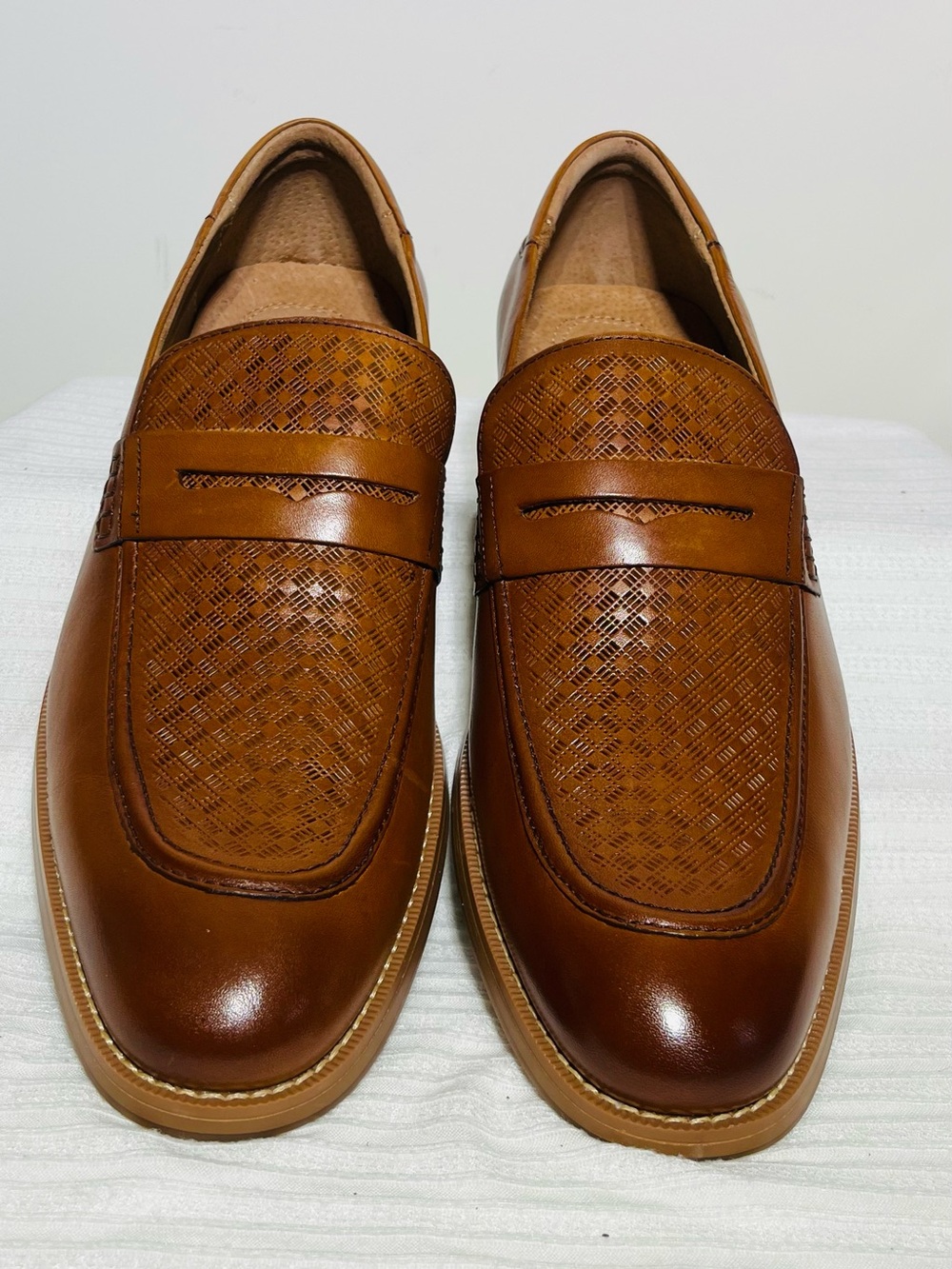 Stacy Adams Men's Tan Leather Penny Loafers with Woven Detail - 12M